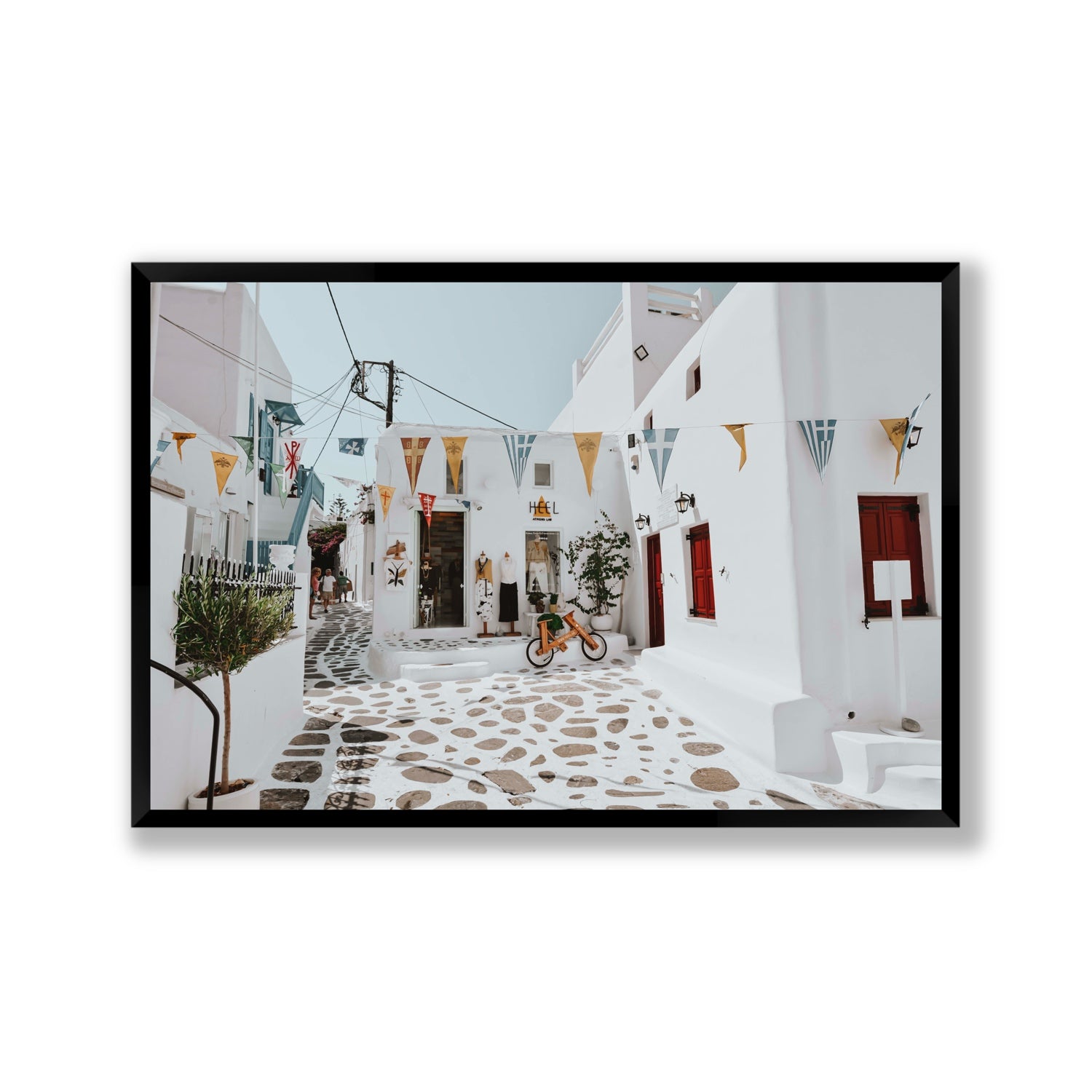Cruising The Streets Mykonos Greek island wall art Gallery full-bleed fine art print in black frame