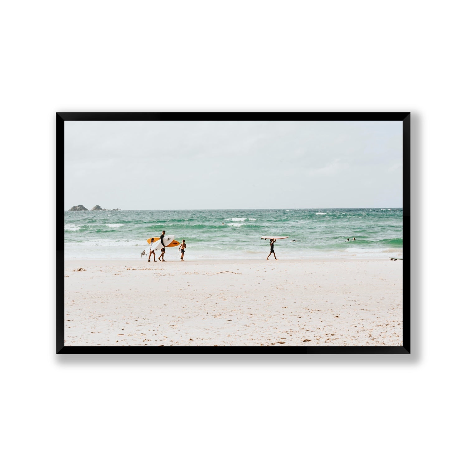 La Famiglia Byron Bay Family Surf coastal wall art Gallery full-bleed fine art print in black frame