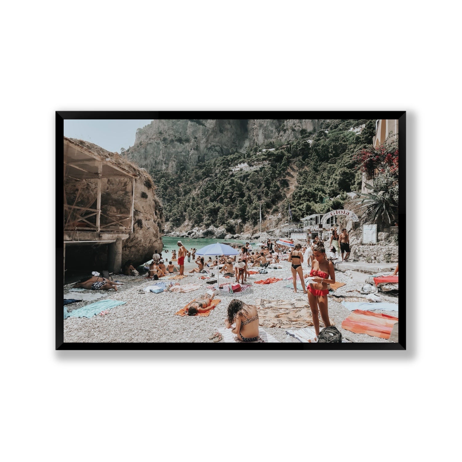 Spiaggia Da Gioia Capri beach coastal wall art Gallery full-bleed fine art print in black frame