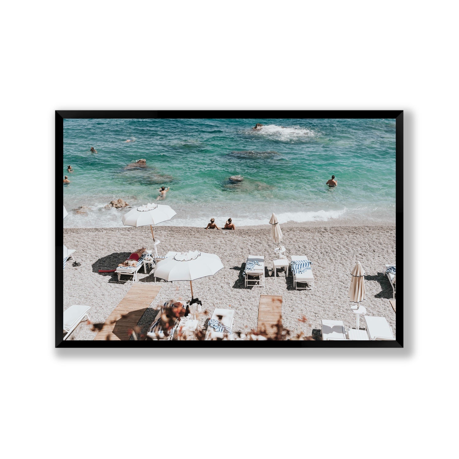 Amicizia Amalfi Italian beach wall art Gallery full-bleed fine art print in black frame