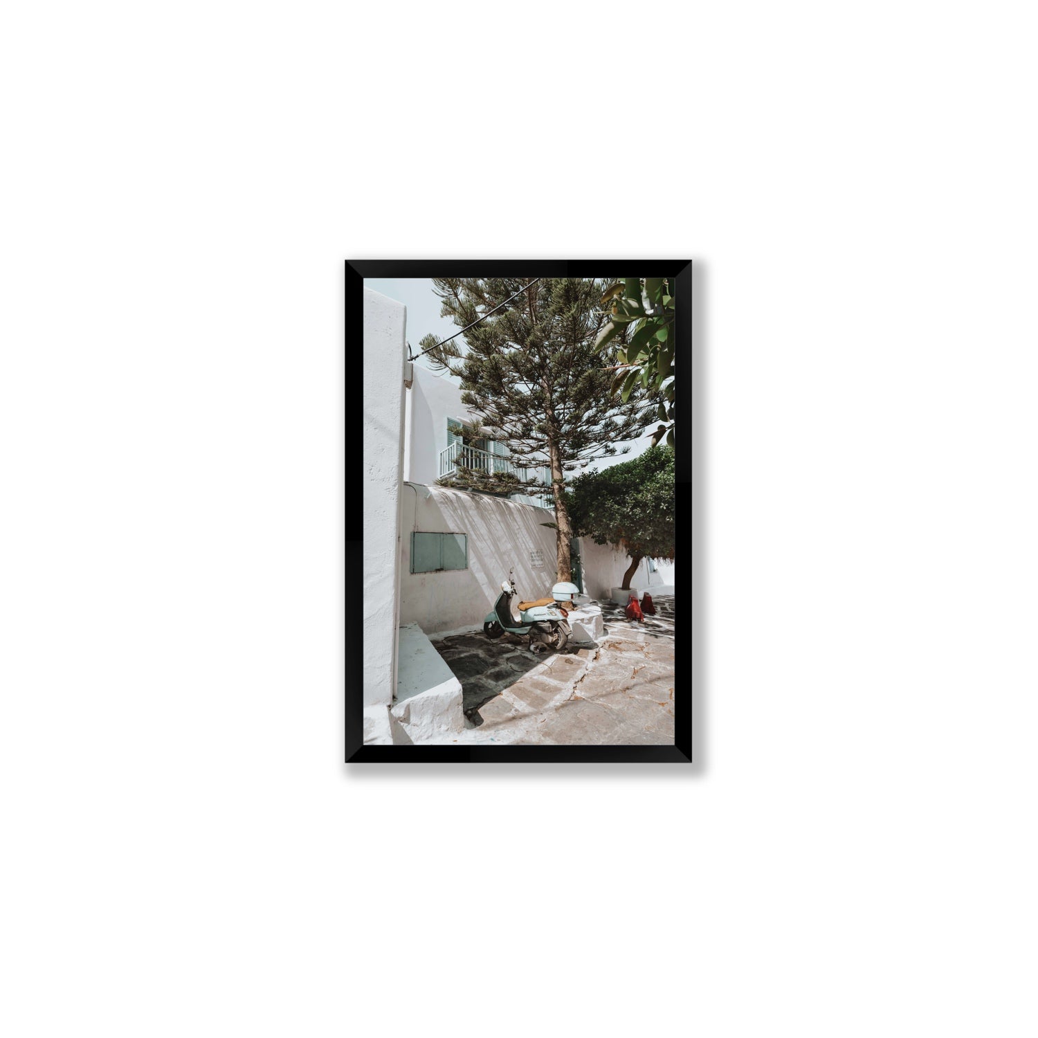 The Getaway Mykonos Mediterranean Greek island art print Medium full-bleed fine art print in black frame