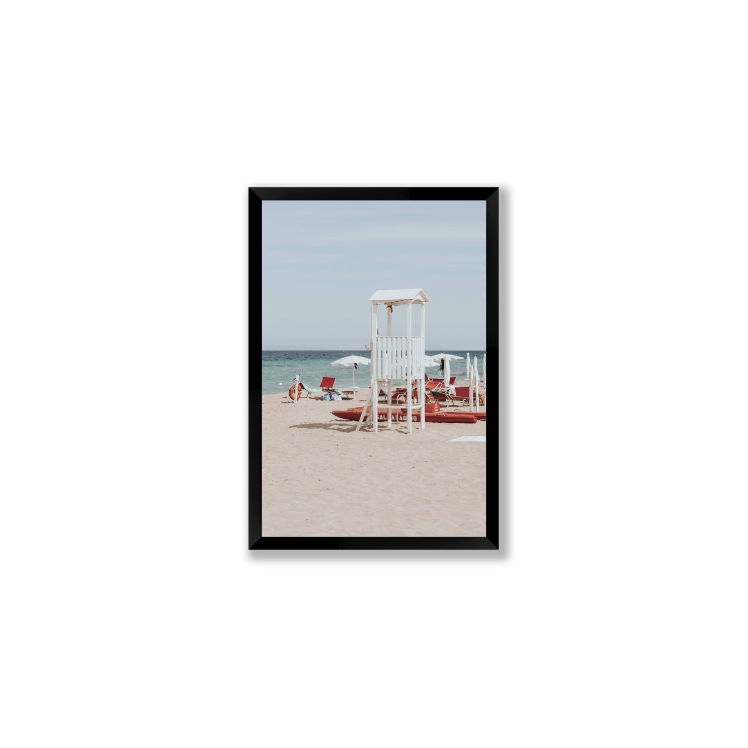 Barefoot Bliss Puglia beach Italian coastal decor wall art Medium full-bleed fine art print in black frame