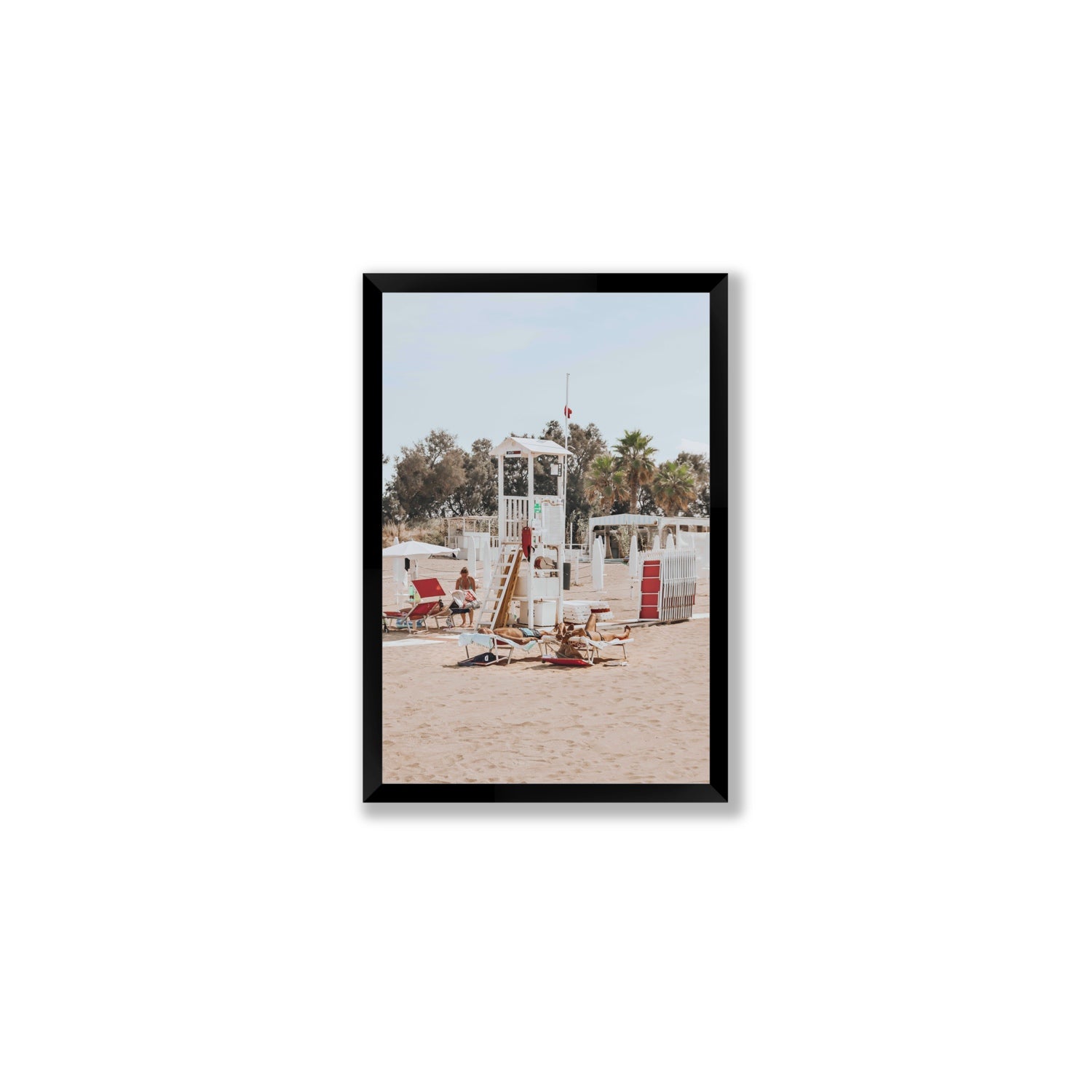 Red Lounge Reverie Puglia beach coastal wall art Medium full-bleed fine art print in black frame