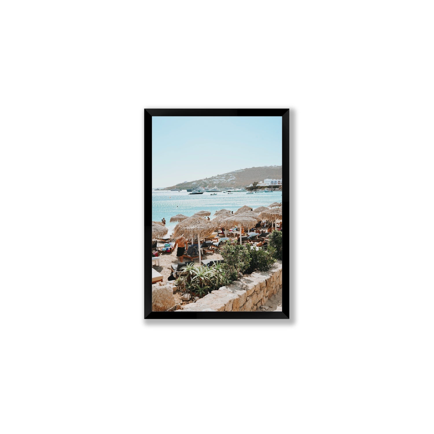 Beachside Huts Mykonos Greek island wall art Medium full-bleed fine art print in black frame