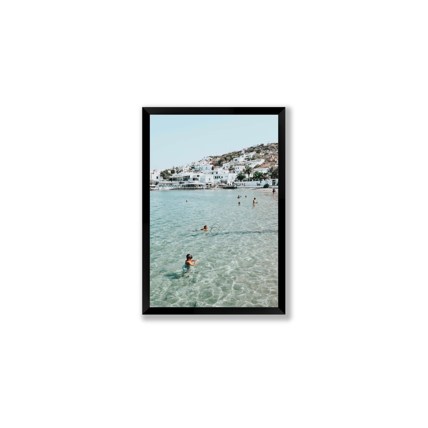 Beside The Seaside Mykonos beach Greek island wall art Medium full-bleed fine art print in black frame