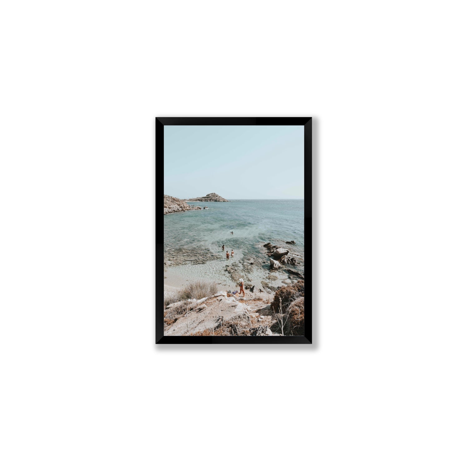 Explorers Mykonos Greek island wall art Medium full-bleed fine art print in black frame
