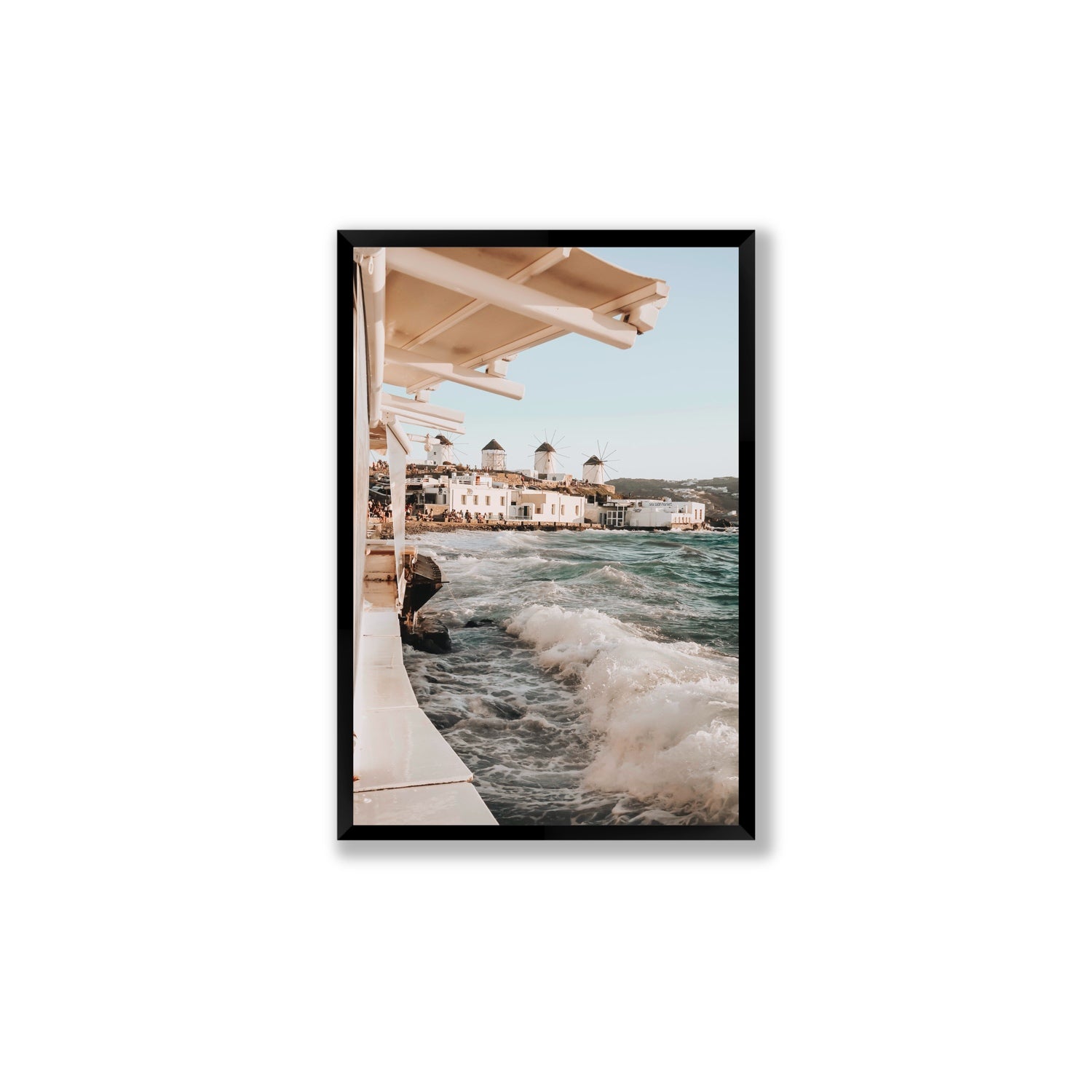 Windmills Mykonos Greek island wall art Large full-bleed fine art print in black frame