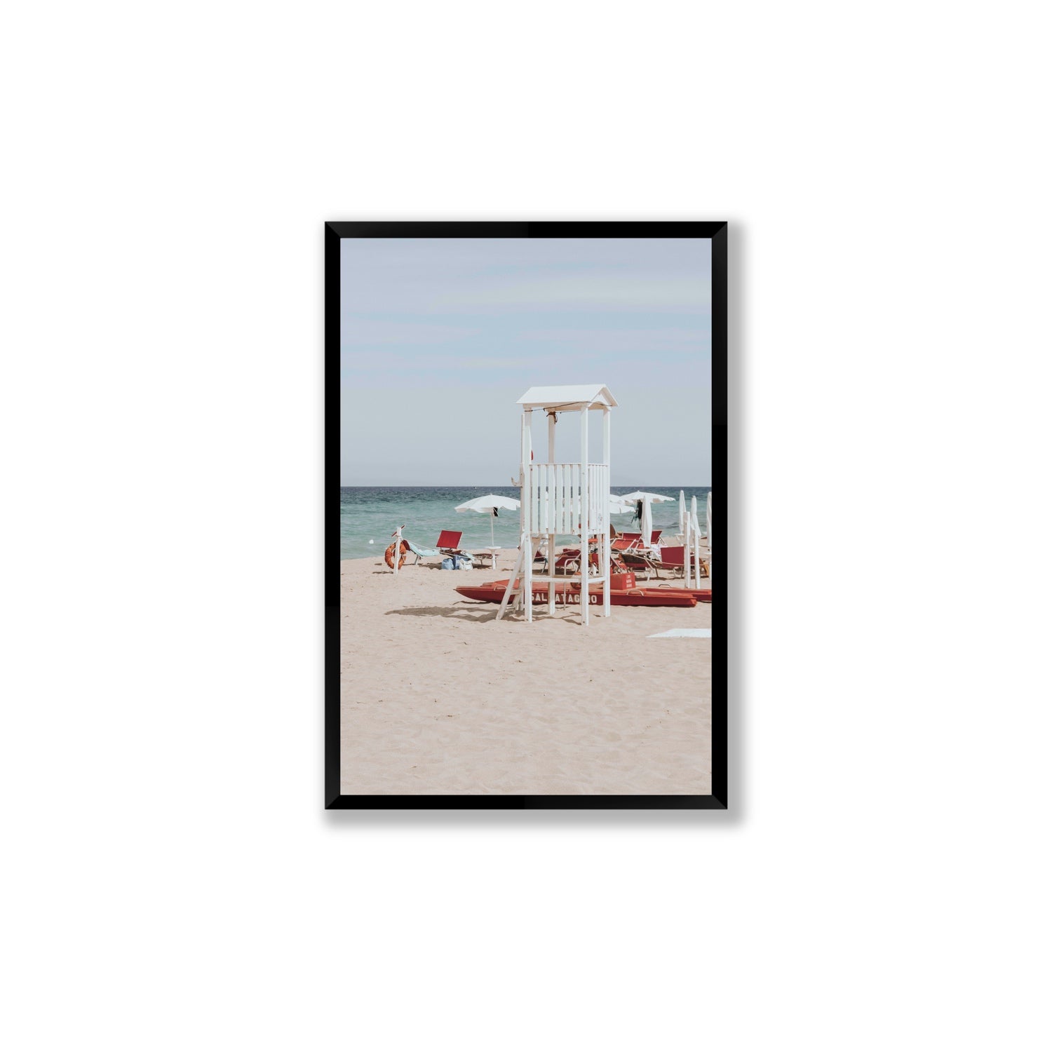 Barefoot Bliss Puglia beach Italian coastal decor wall art Large full-bleed fine art print in black frame