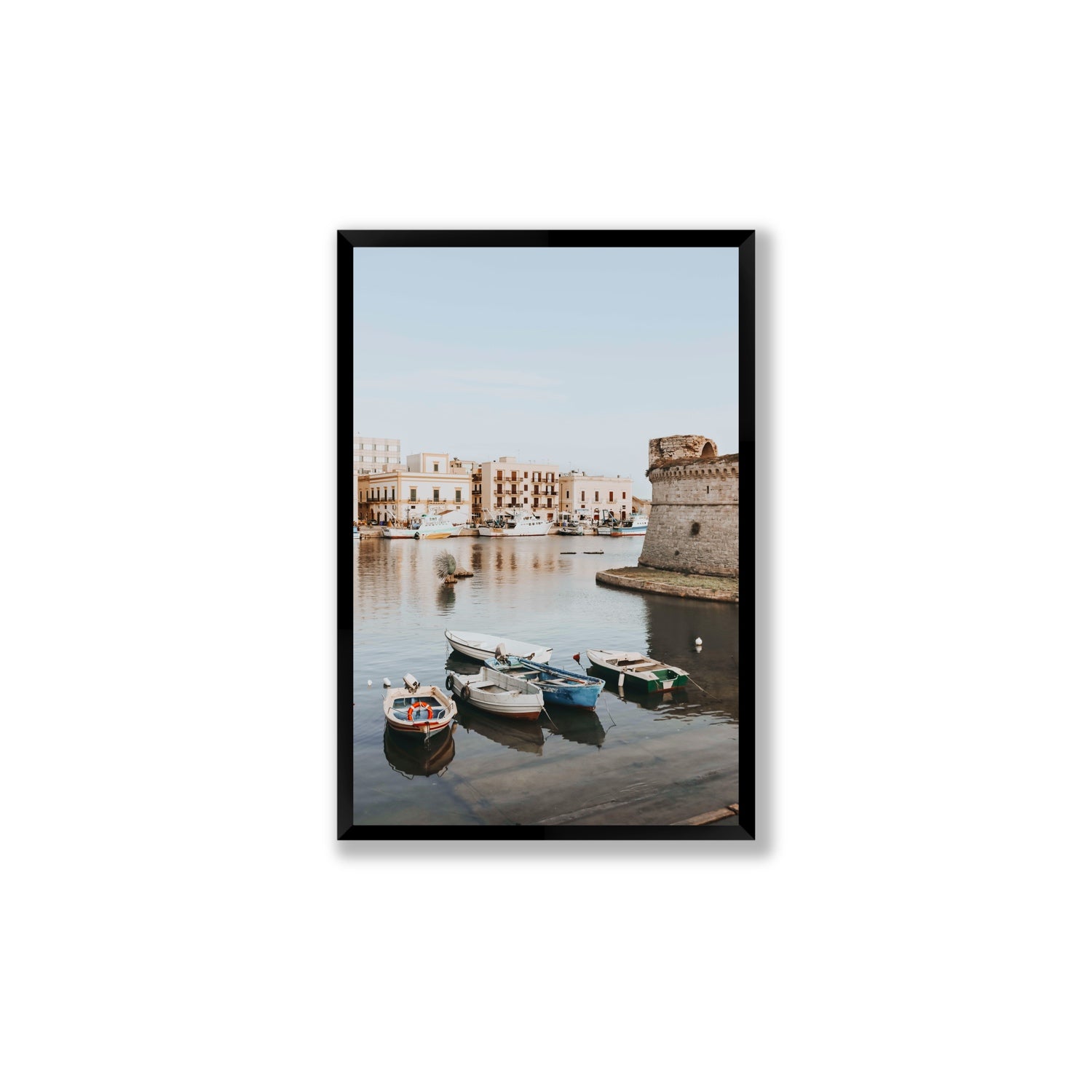 Gallipoli Harbour Puglia coastal wall art Large full-bleed fine art print in black frame