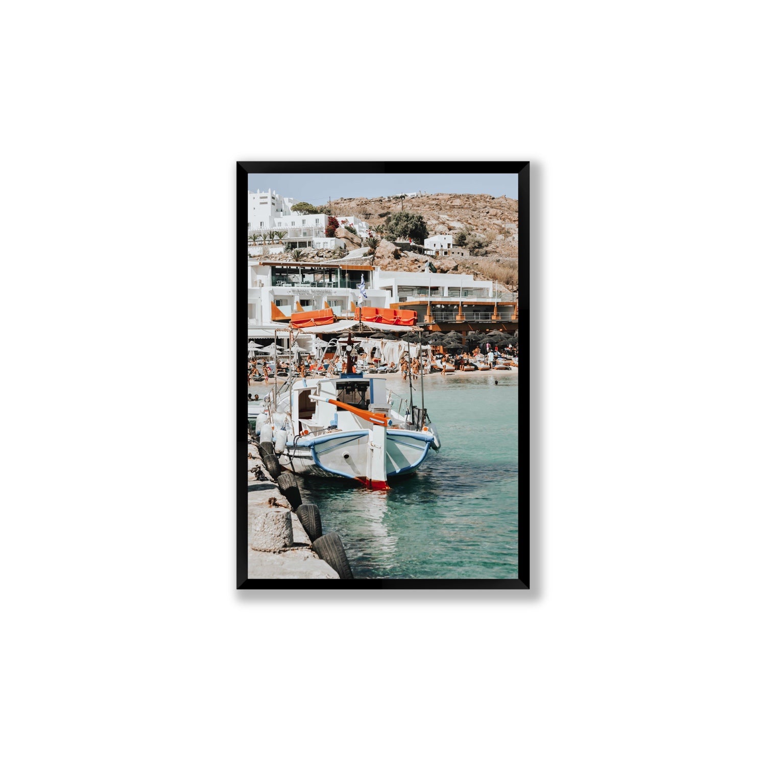 Travel In Style Mykonos Greek island wall art Large full-bleed fine art print in black frame