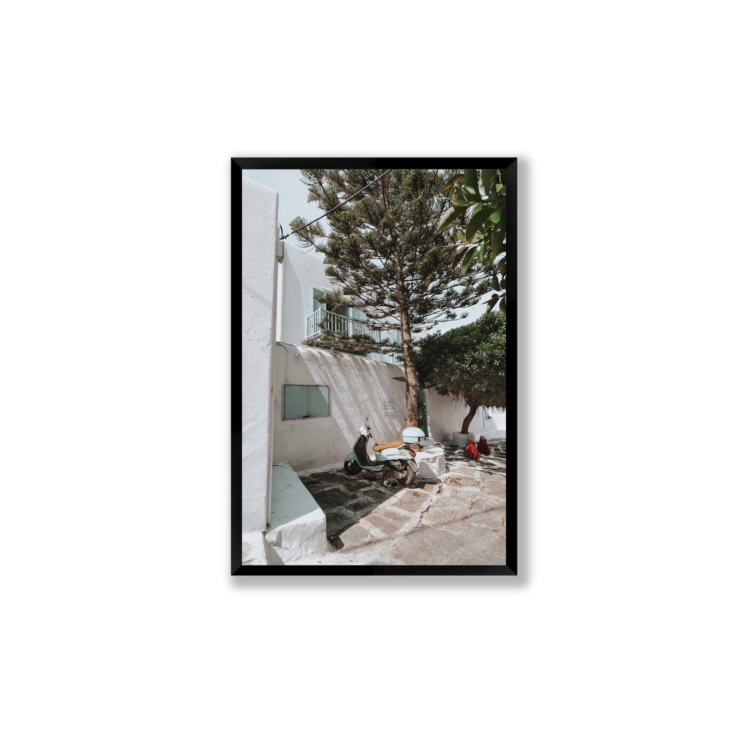 The Getaway Mykonos Mediterranean Greek island art print Large full-bleed fine art print in black frame