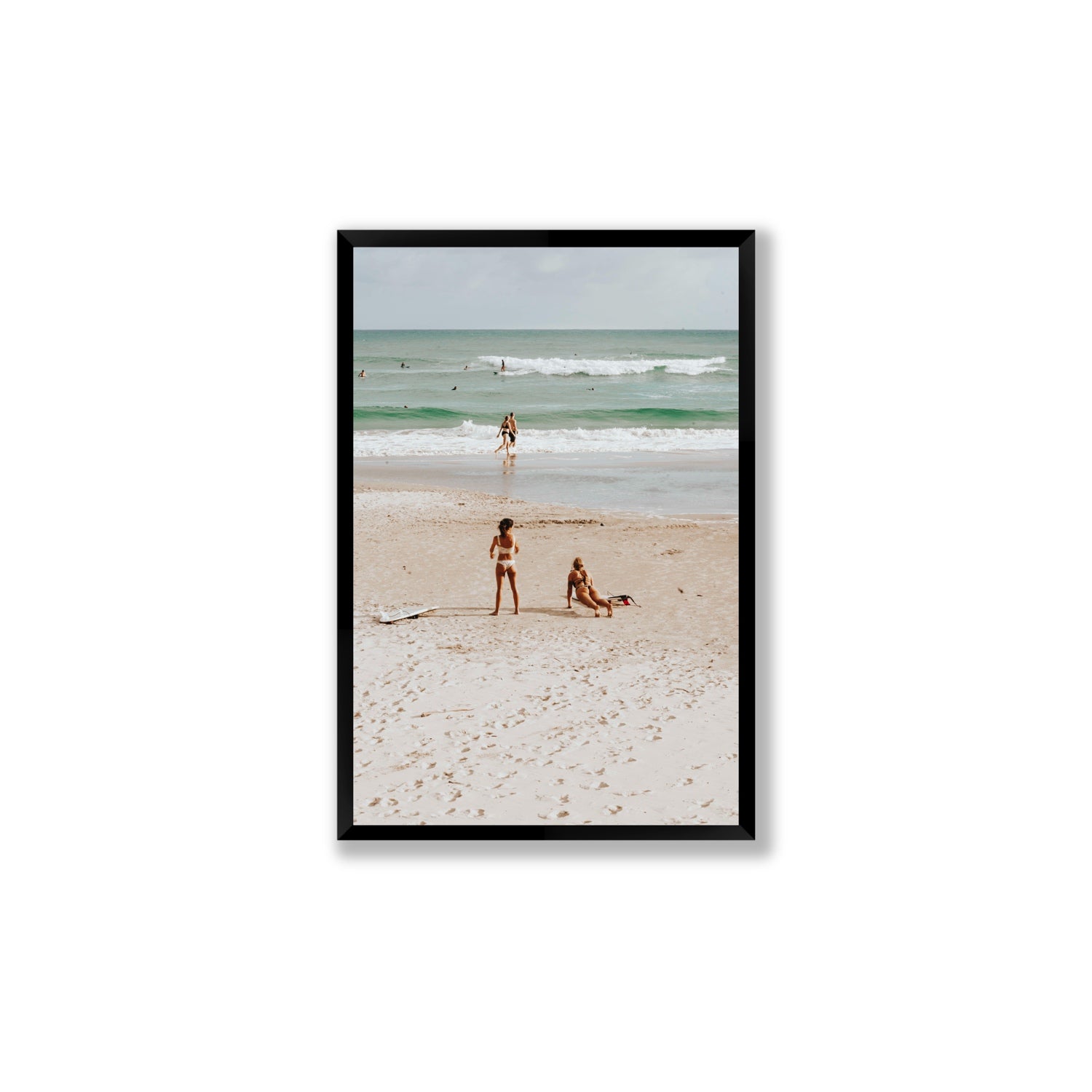Gidget & Betty Byron Bay beach coastal wall art Large full-bleed fine art print in black frame