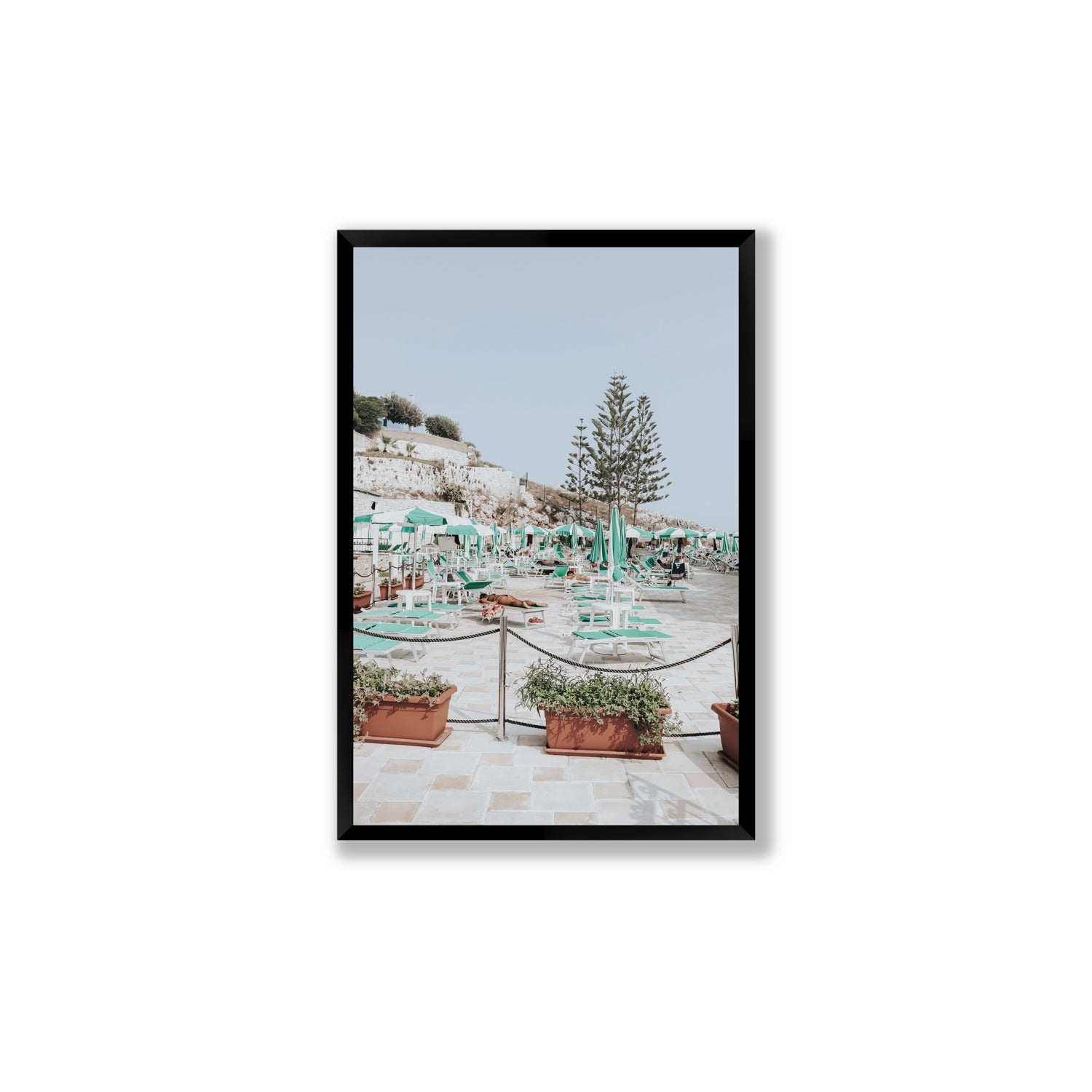 Siesta on The Terrace Puglia coastal wall art Large full-bleed fine art print in black frame