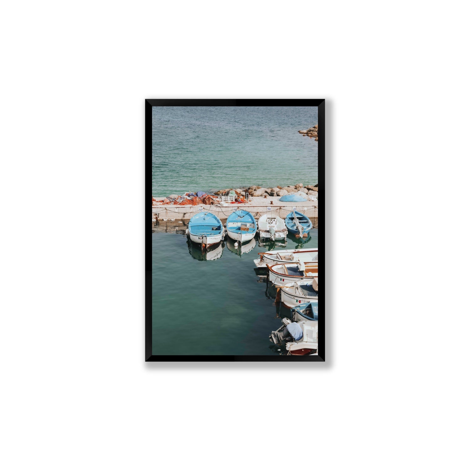 Maritime Memories Puglia Harbour Reflections coastal wall art Large full-bleed fine art print in black frame