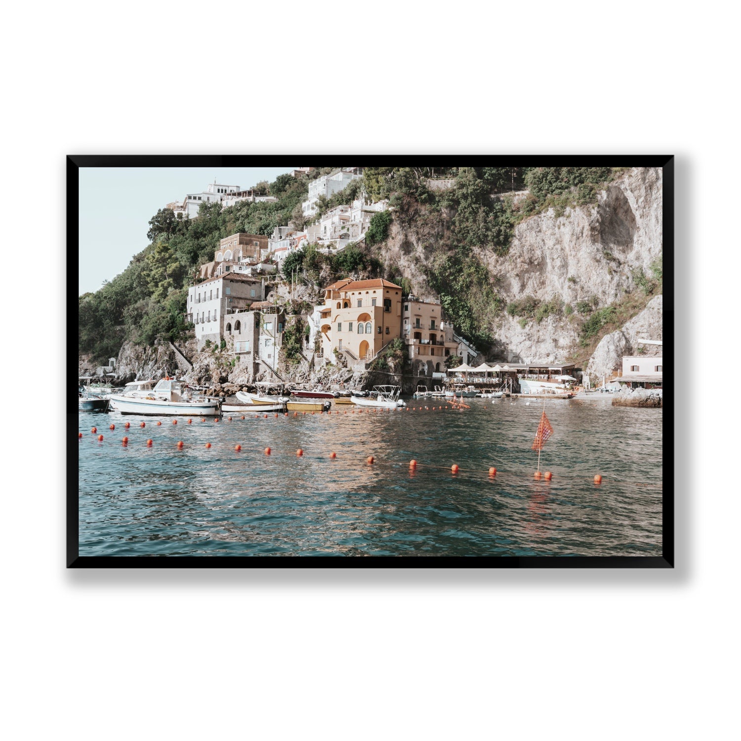 Amalfi Villas fine art print, Amalfi, Italy, coastal scenes artwork, Statement, Black Frame · Full Bleed, Fine Art Print