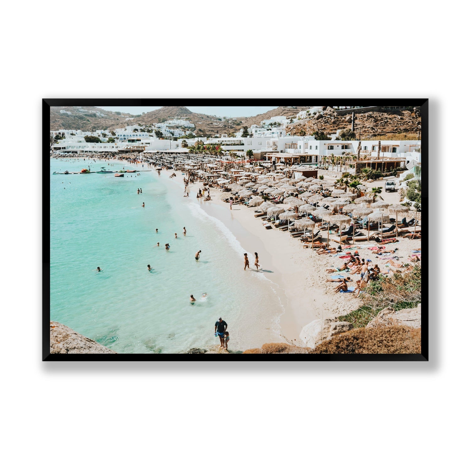 Aquaholic Mykonos Greek island wall art Statement full-bleed fine art print in black frame