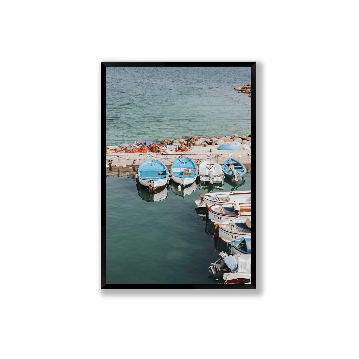 Maritime Memories Puglia Harbour Reflections coastal wall art Extra Large full-bleed fine art print in black frame