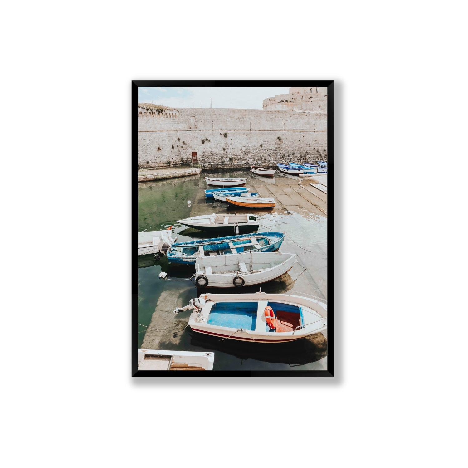 Harbour Palette Puglia coastal photography wall art Extra Large full-bleed fine art print in black frame
