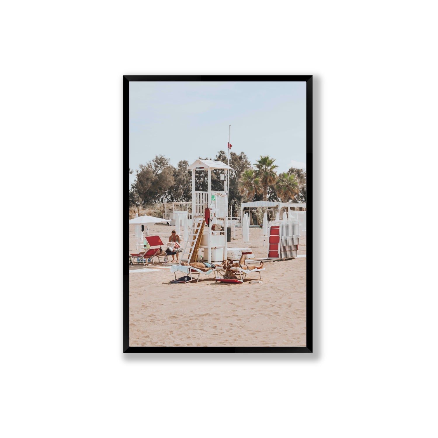 Red Lounge Reverie Puglia beach coastal wall art Extra Large full-bleed fine art print in black frame