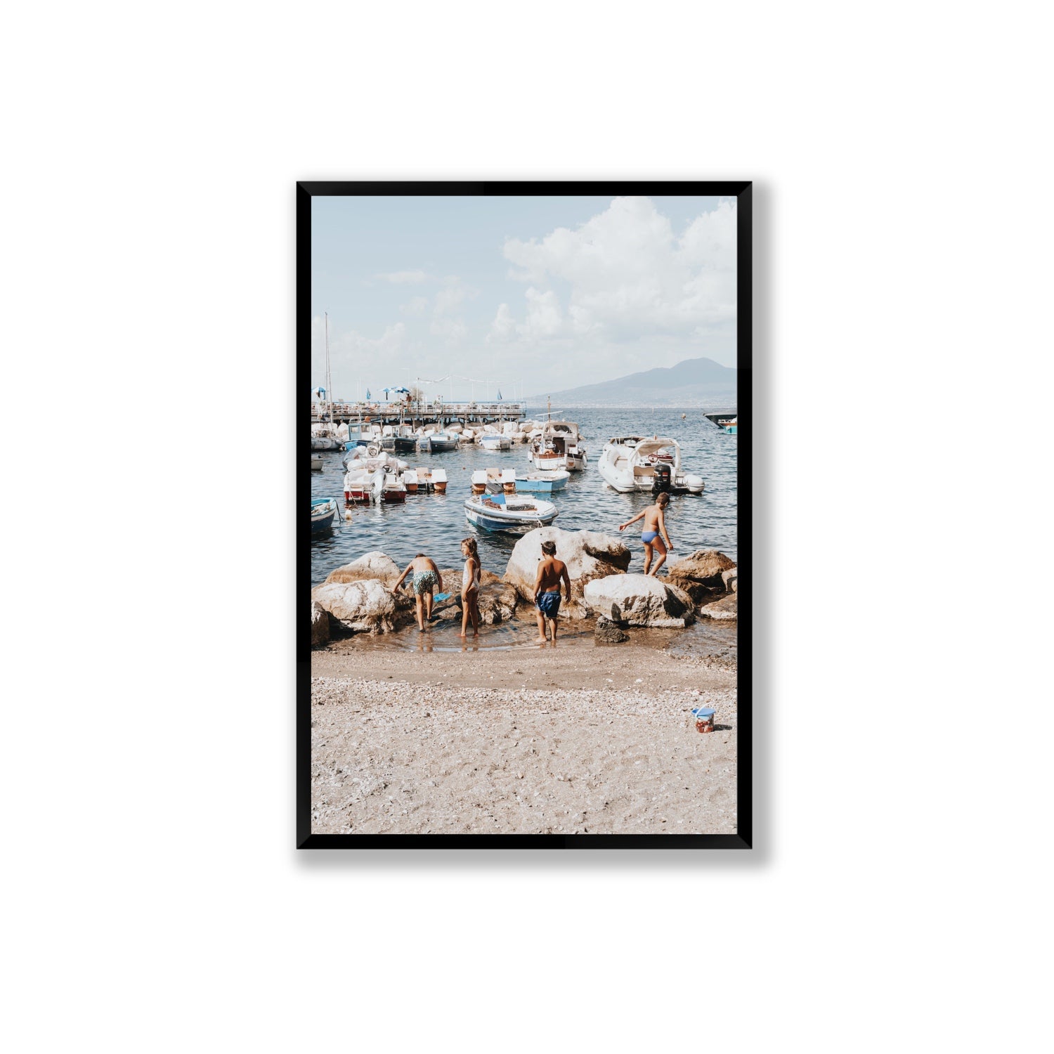 Searching For Treasures Sorrento coastal wall art Extra Large full-bleed fine art print in black frame
