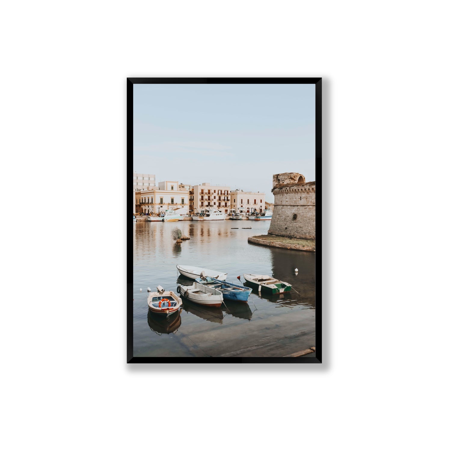 Gallipoli Harbour Puglia coastal wall art Extra Large full-bleed fine art print in black frame