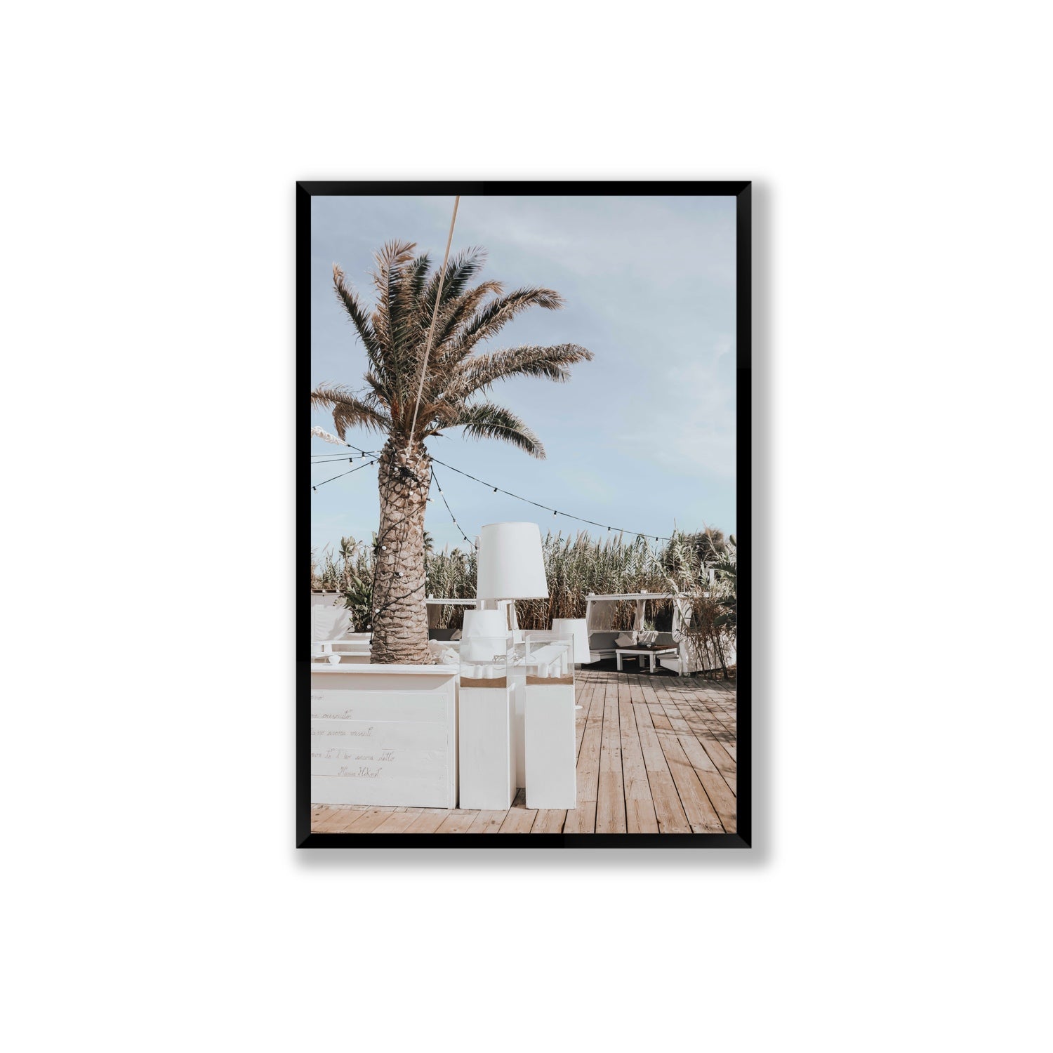 Seabreeze Palm Puglia coastal beach wall art Extra Large full-bleed fine art print in black frame
