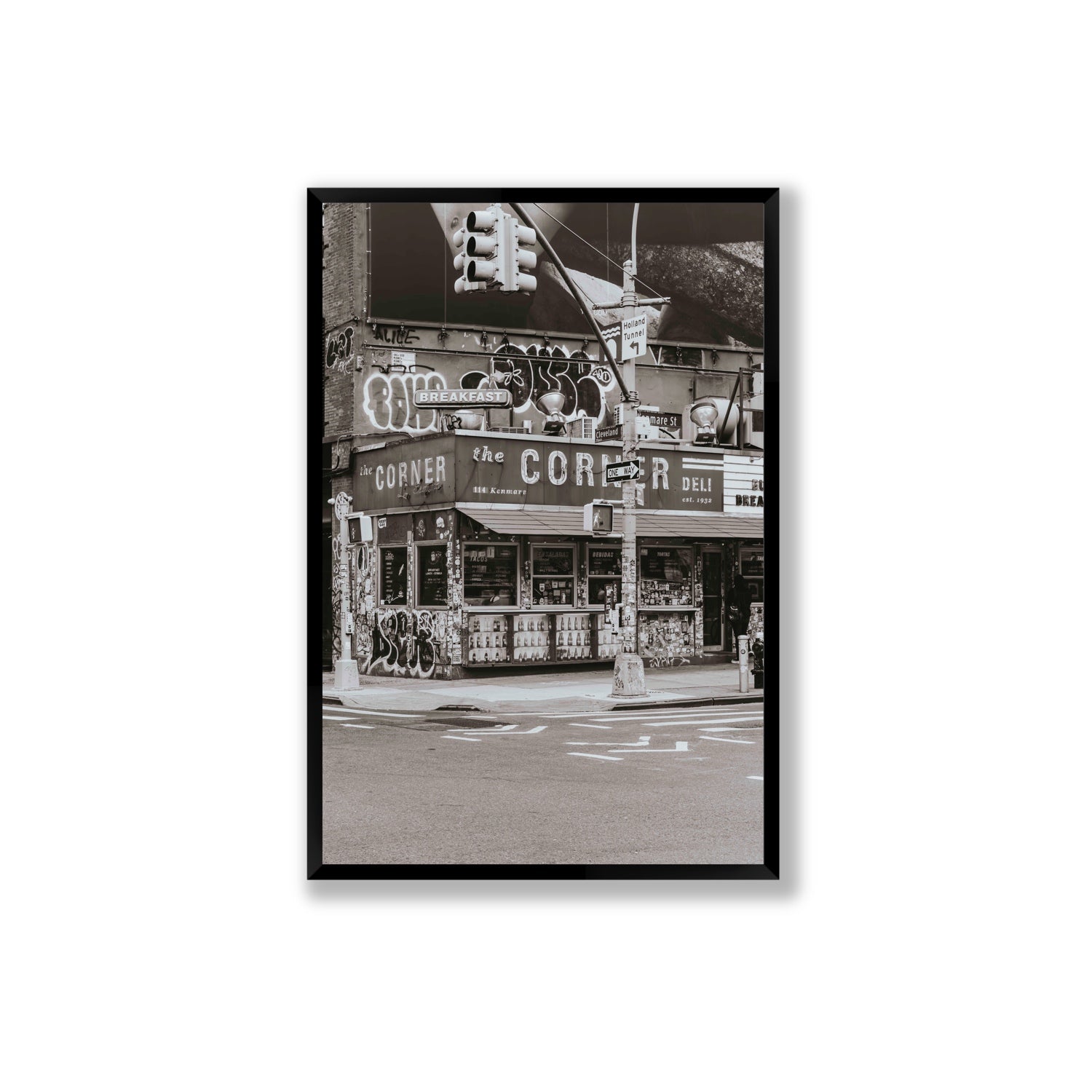 Soho Deli New York NYC Black & White wall art Extra Large full-bleed fine art print in black frame