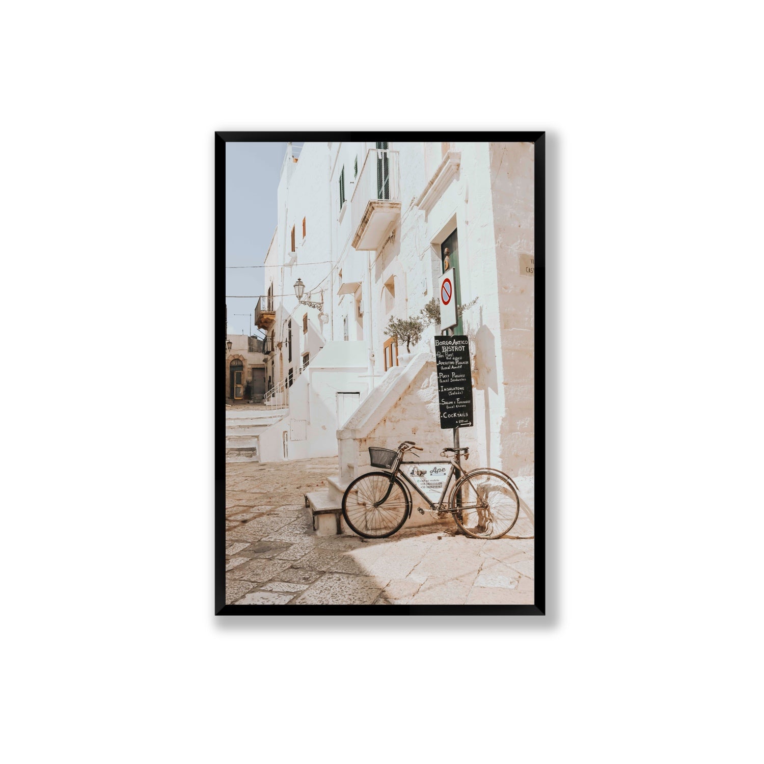 La Bicicletta Puglia Ostuni wall art Extra Large full-bleed fine art print in black frame
