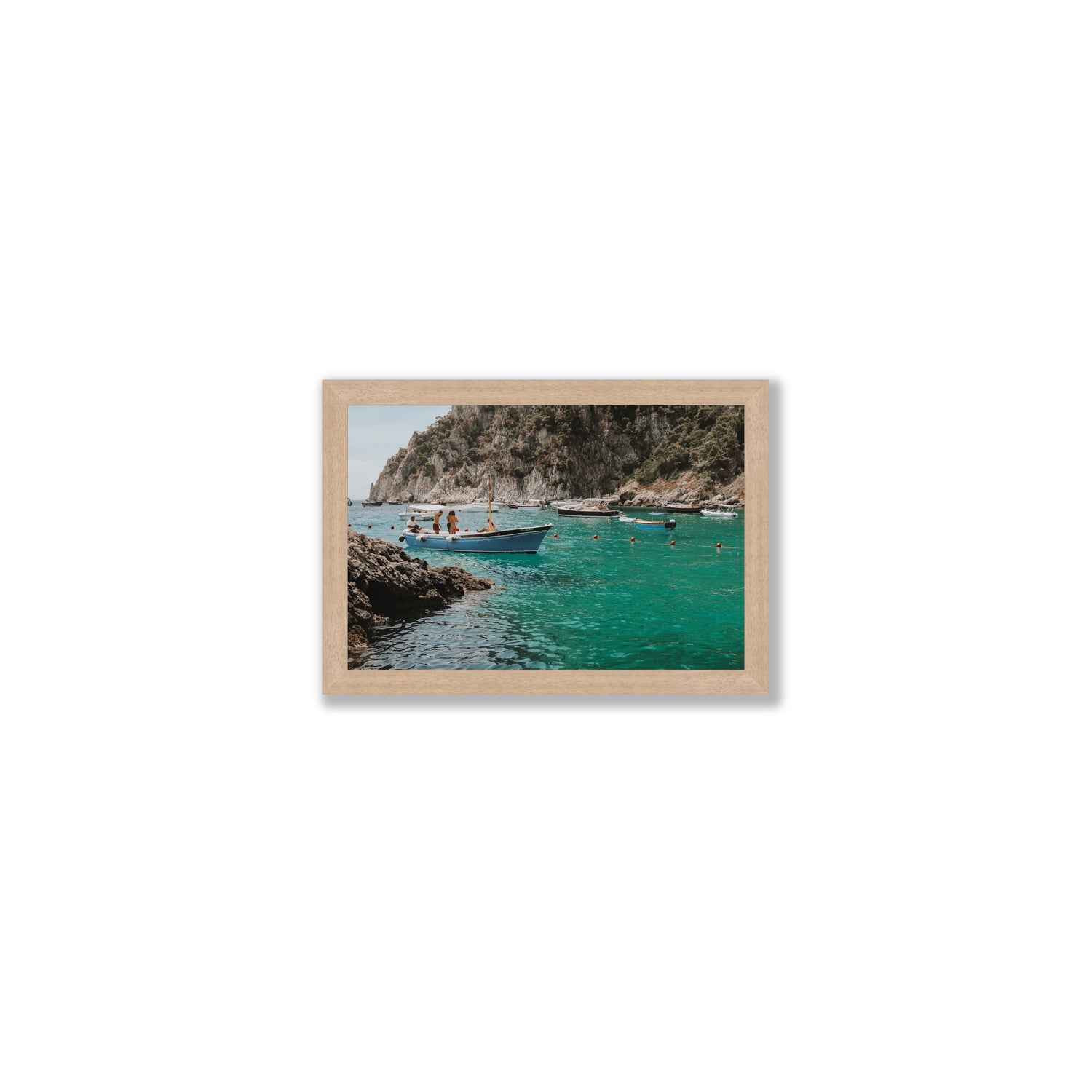Cozy Cove Capri coastal Mediterranean wall art Small full-bleed fine art print in natural oak frame