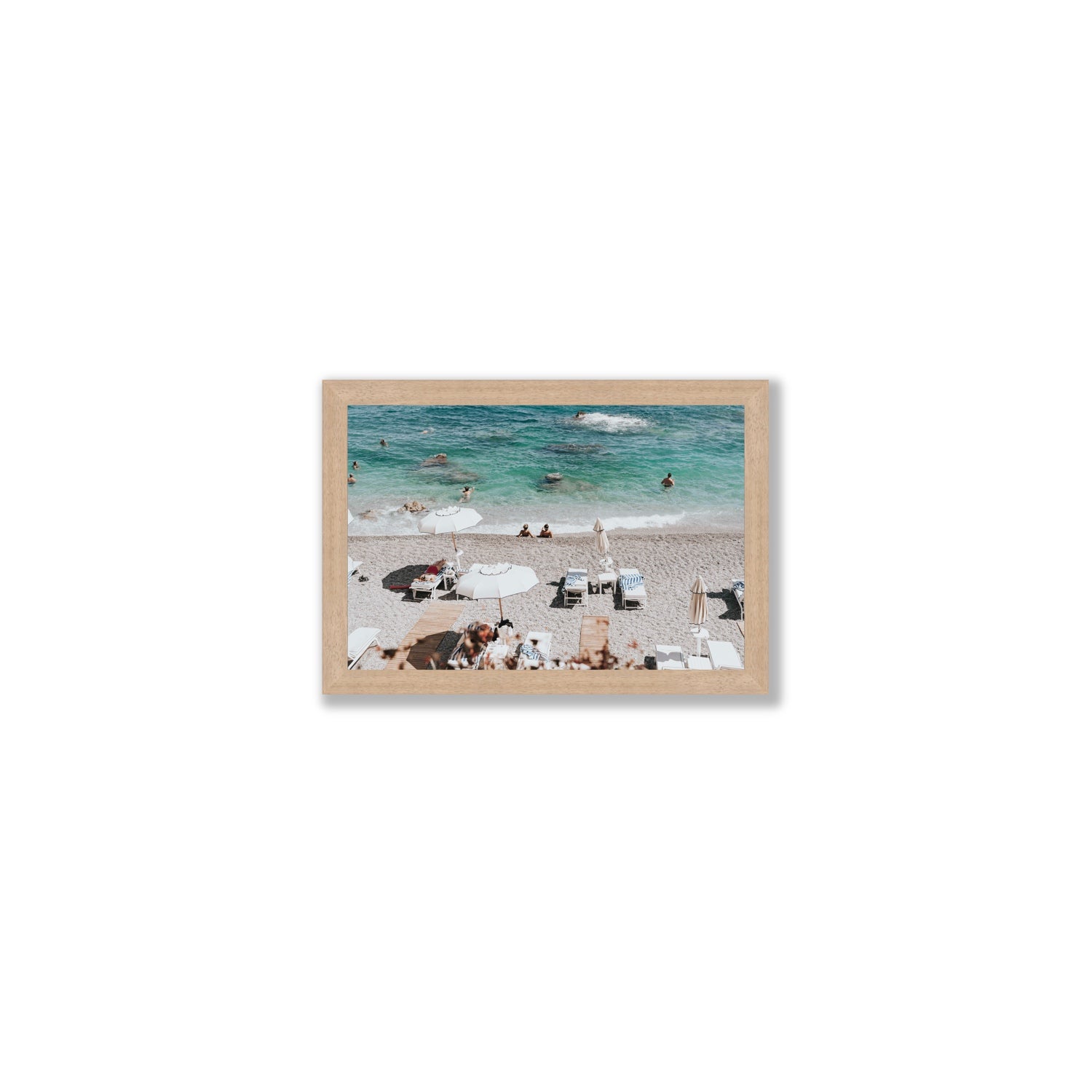 Amicizia Amalfi Italian beach wall art Small full-bleed fine art print in natural oak frame