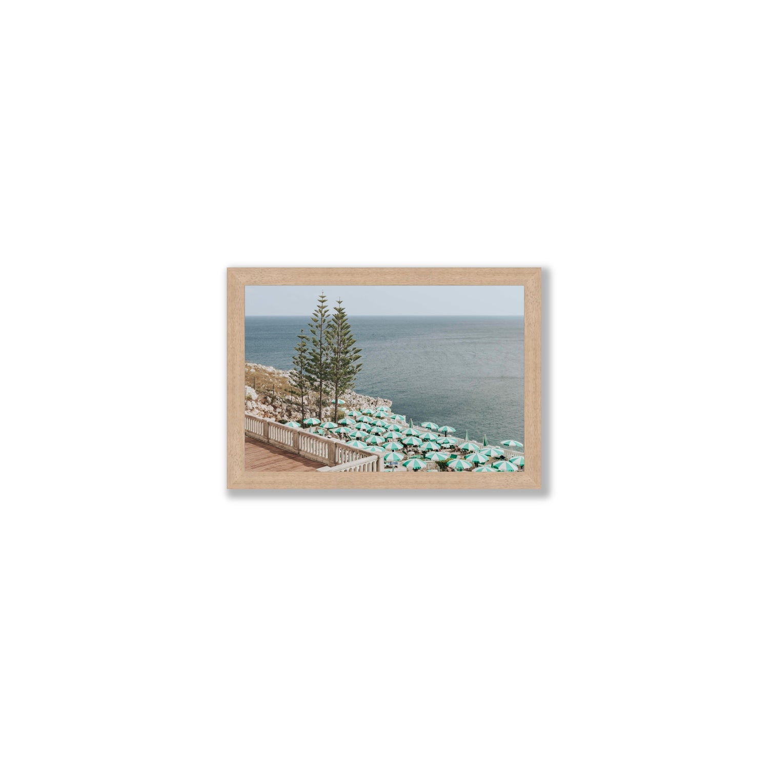 Azure Horizon Puglia beach coastal wall art Small full-bleed fine art print in natural oak frame
