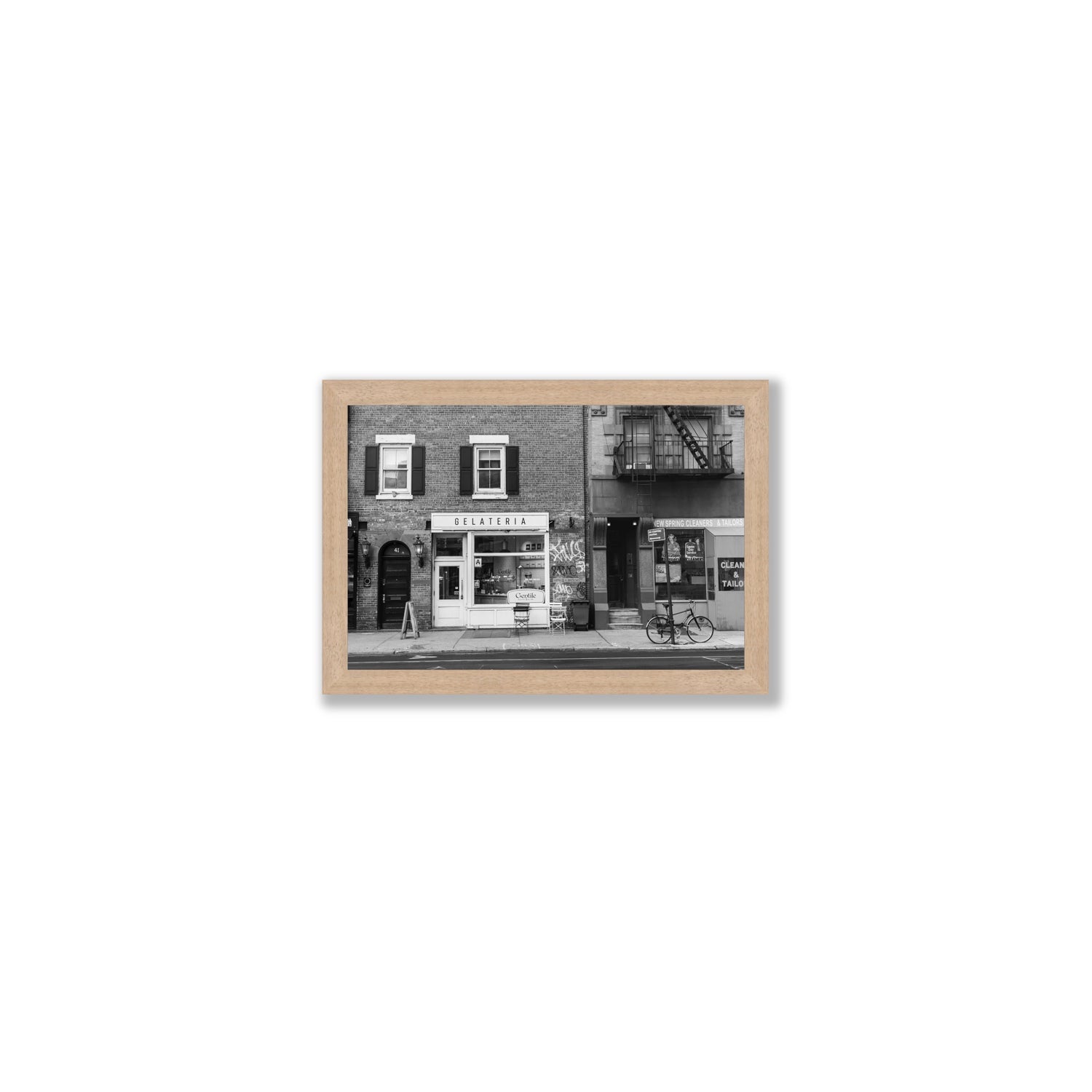 West Village Dolcezza New York NYC Black & White wall art Small full-bleed fine art print in natural oak frame