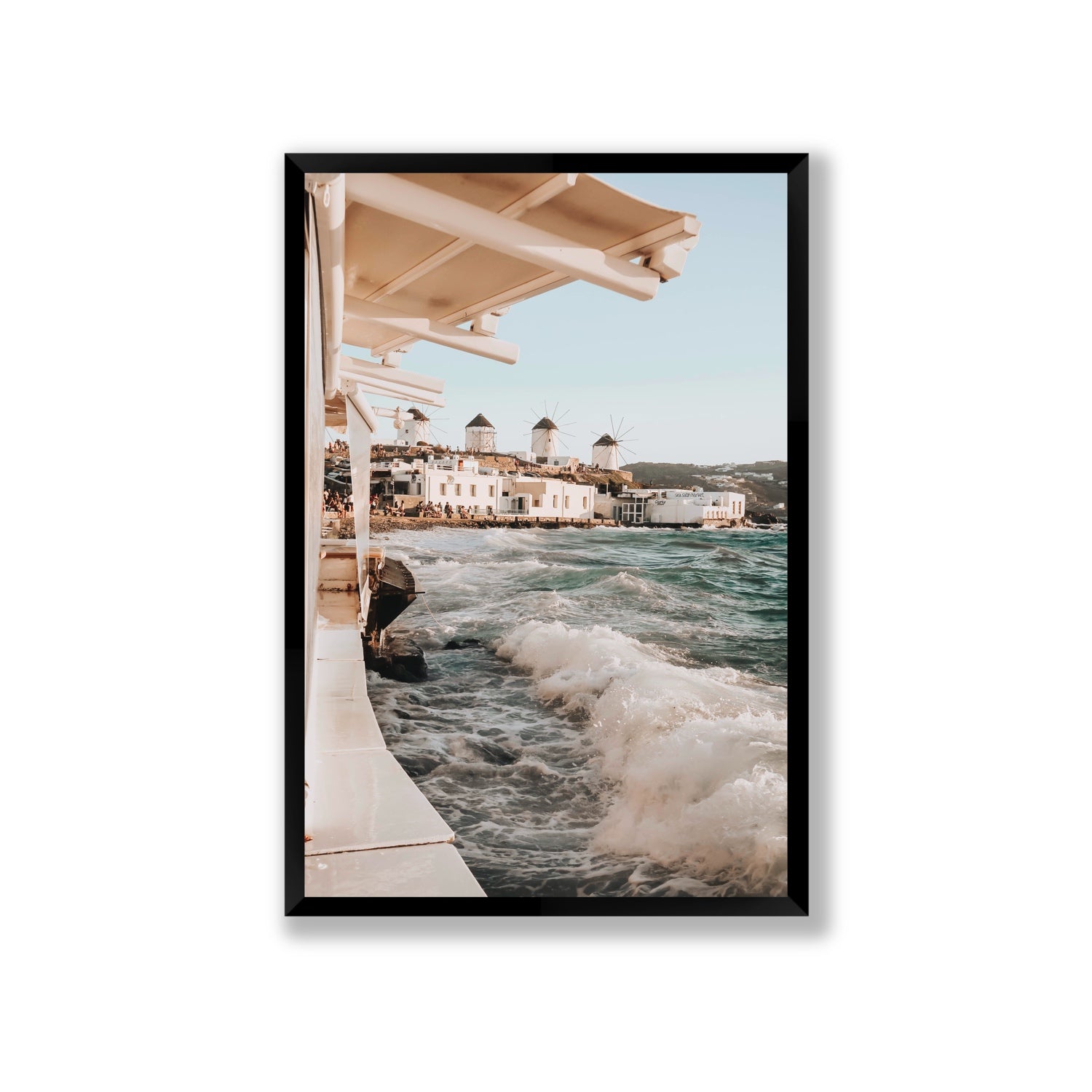 Windmills Mykonos Greek island wall art Giant full-bleed fine art print in black frame