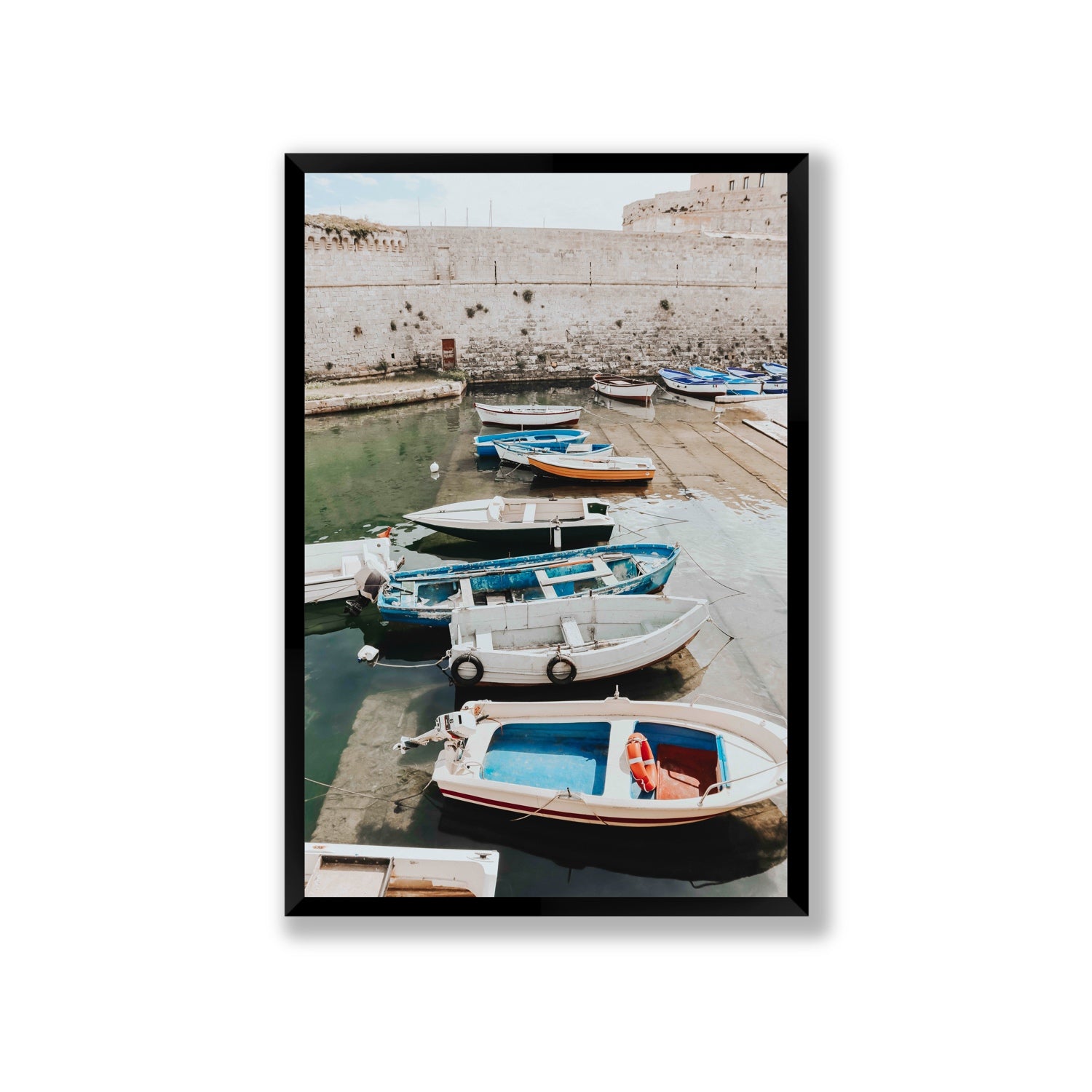 Harbour Palette Puglia coastal photography wall art Giant full-bleed fine art print in black frame