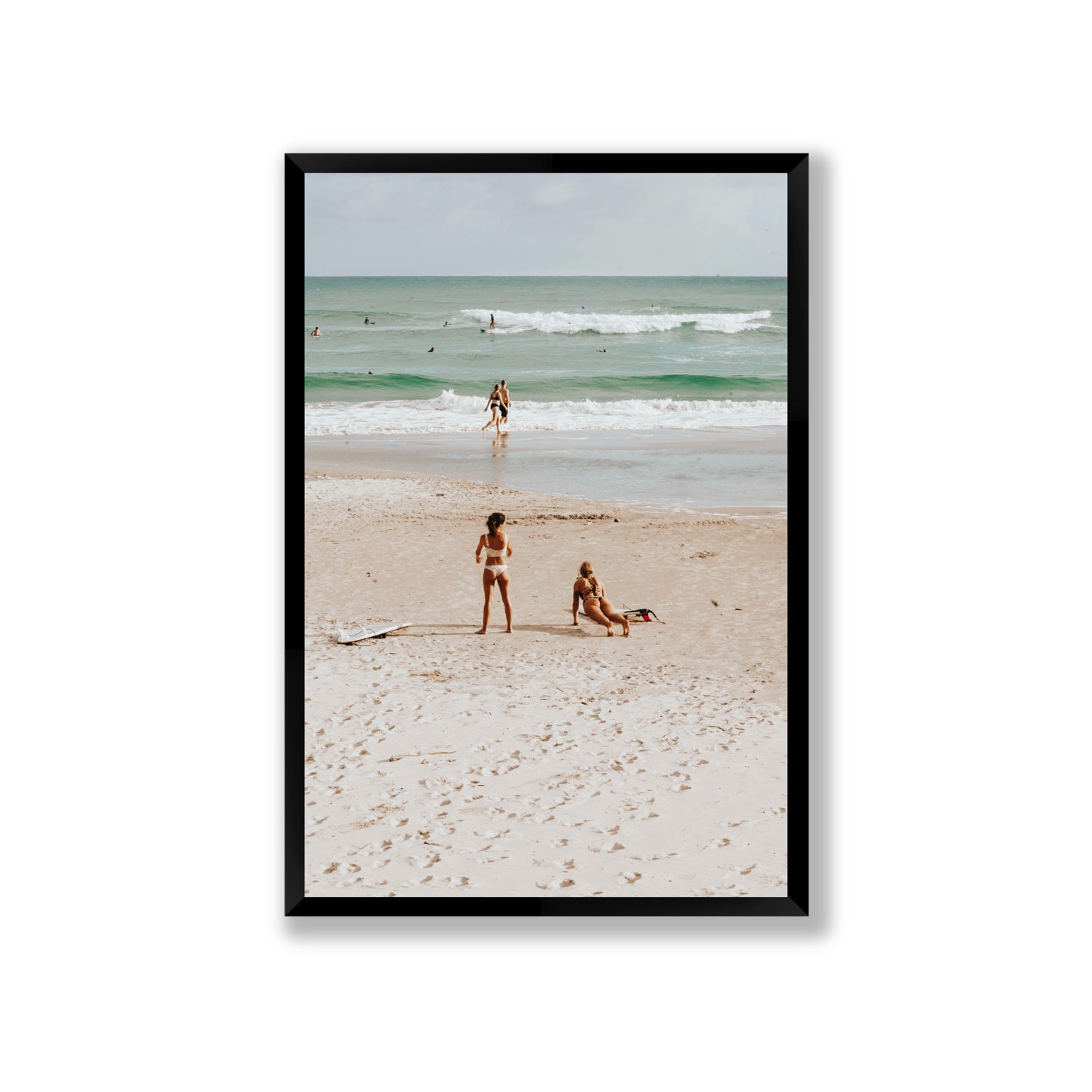 Gidget & Betty Byron Bay beach coastal wall art Giant full-bleed fine art print in black frame