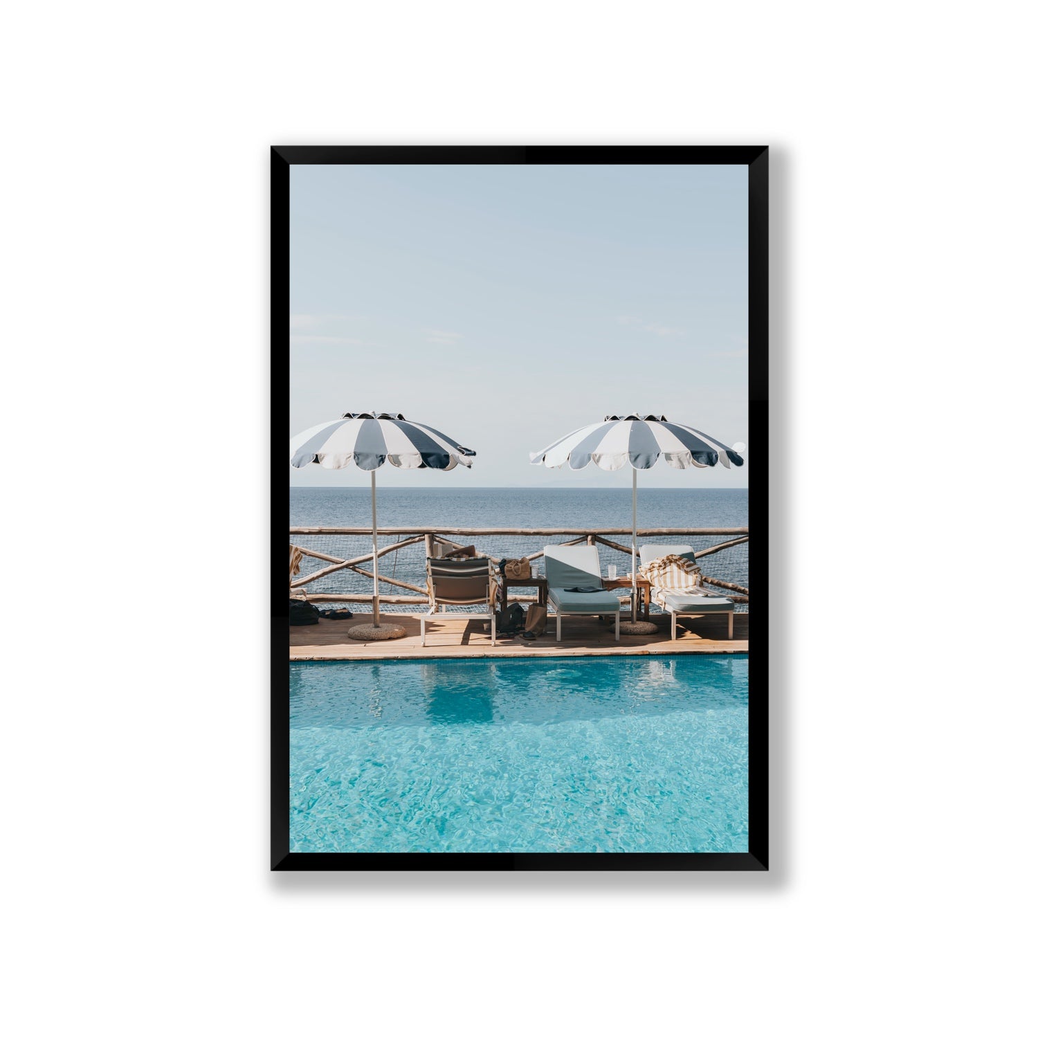 Beach Retreat fine art print, Ischia, Italy, european beach clubs artwork, Giant, Black Frame · Full Bleed, Fine Art Print