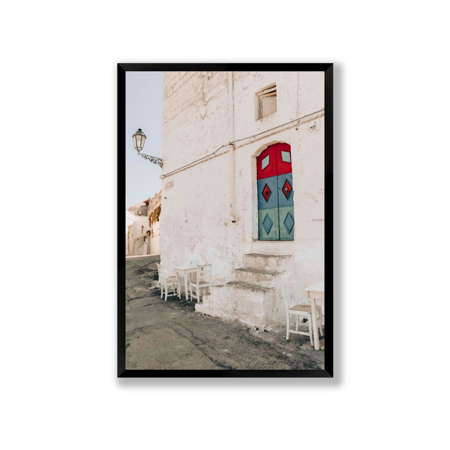 Doorway Delight Puglia Ostuni wall art Giant full-bleed fine art print in black frame