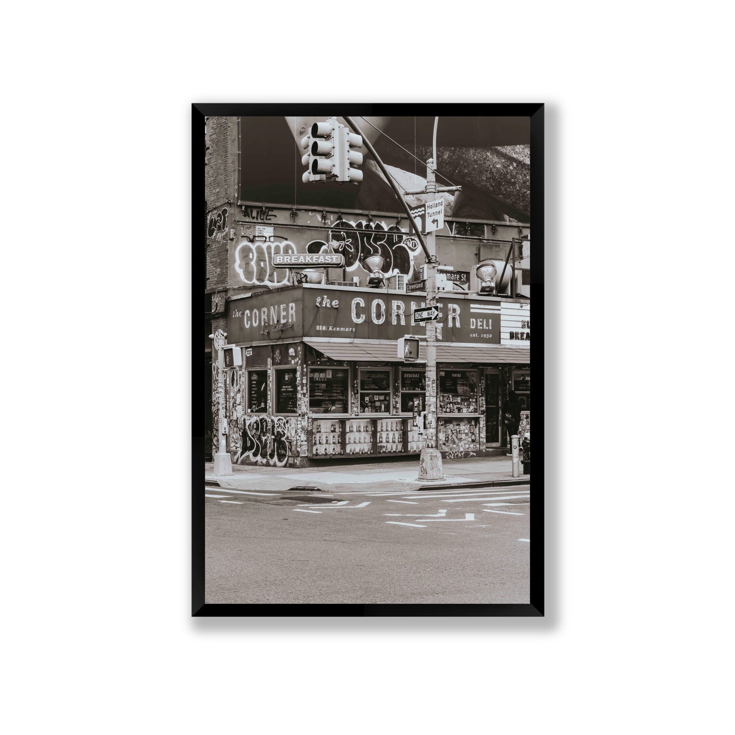Soho Deli New York NYC Black & White wall art Giant full-bleed fine art print in black frame