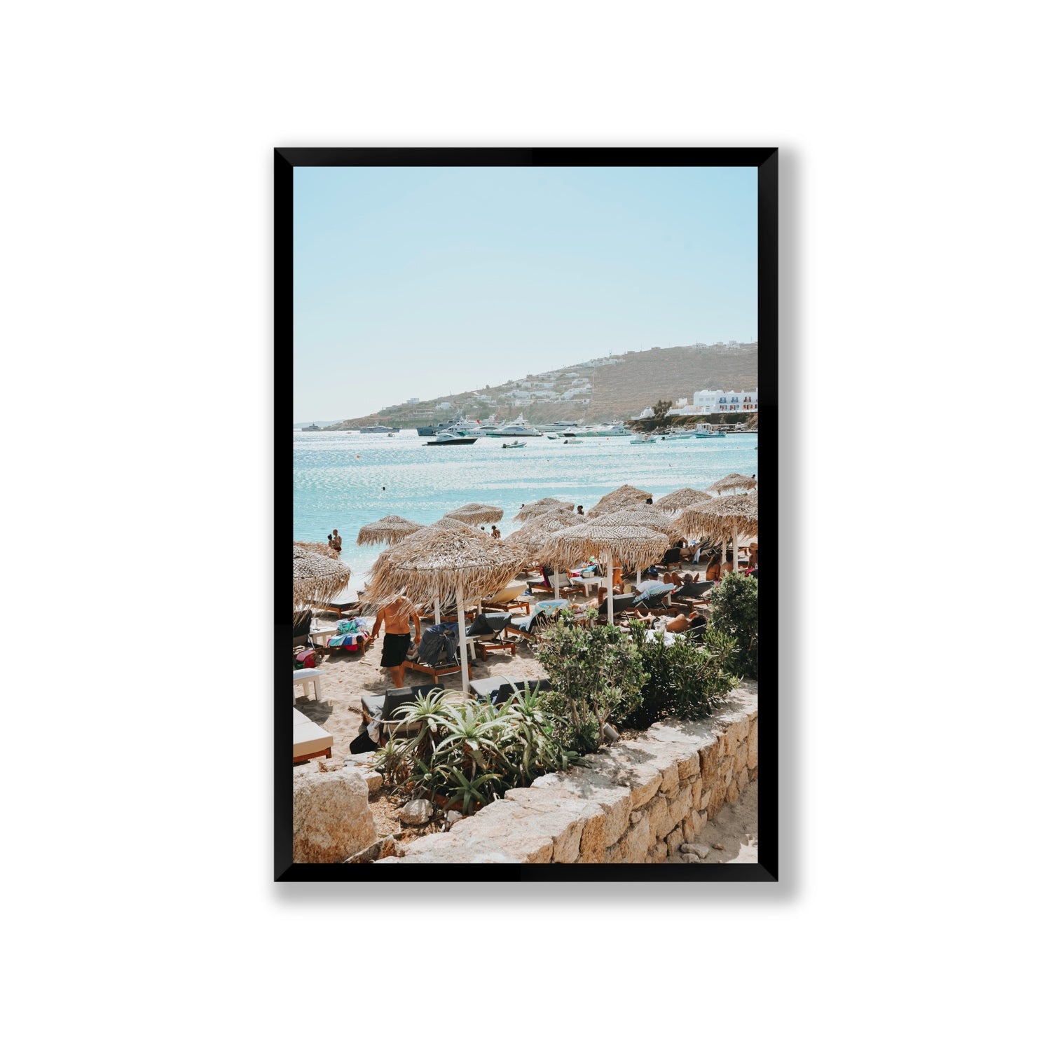 Beachside Huts Mykonos Greek island wall art Giant full-bleed fine art print in black frame