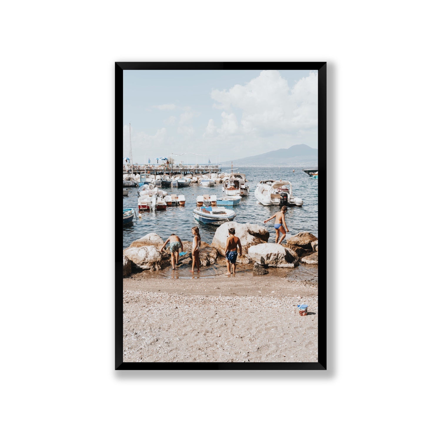 Searching For Treasures Sorrento coastal wall art Giant full-bleed fine art print in black frame