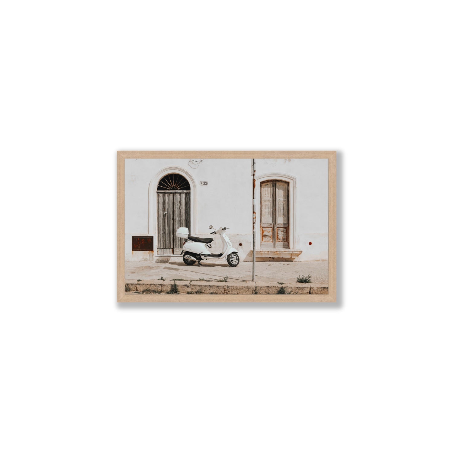 Vespa Nostalgia Puglia Italian wall art Medium full-bleed fine art print in natural oak frame