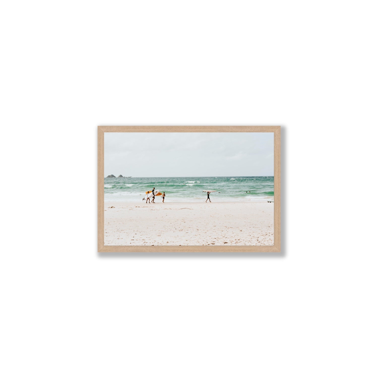 La Famiglia Byron Bay Family Surf coastal wall art Medium full-bleed fine art print in natural oak frame