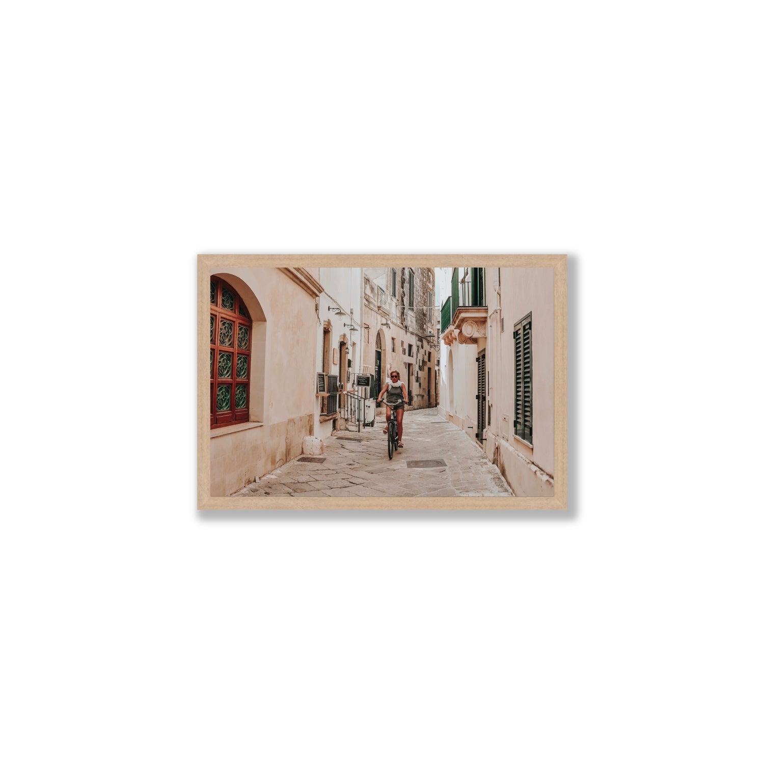 La Donna In Bicicletta Puglia Wall Italian fine art print Medium full-bleed fine art print in natural oak frame