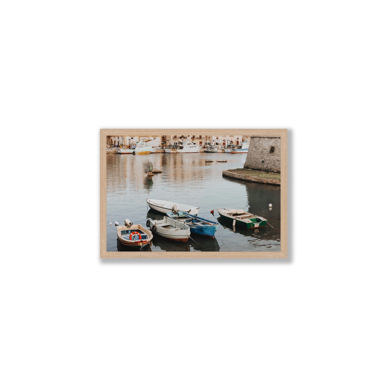 Cinque Barche Puglia Gallipoli Italian art print Medium full-bleed fine art print in natural oak frame