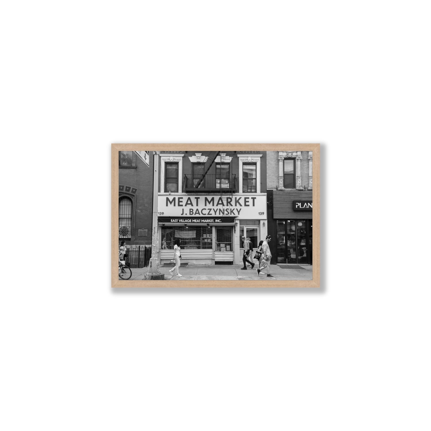 Meat District New York NYC Black & White wall art Medium full-bleed fine art print in natural oak frame