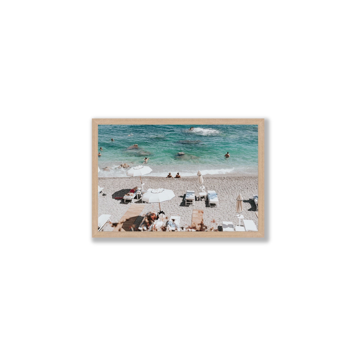 Amicizia Amalfi Italian beach wall art Medium full-bleed fine art print in natural oak frame