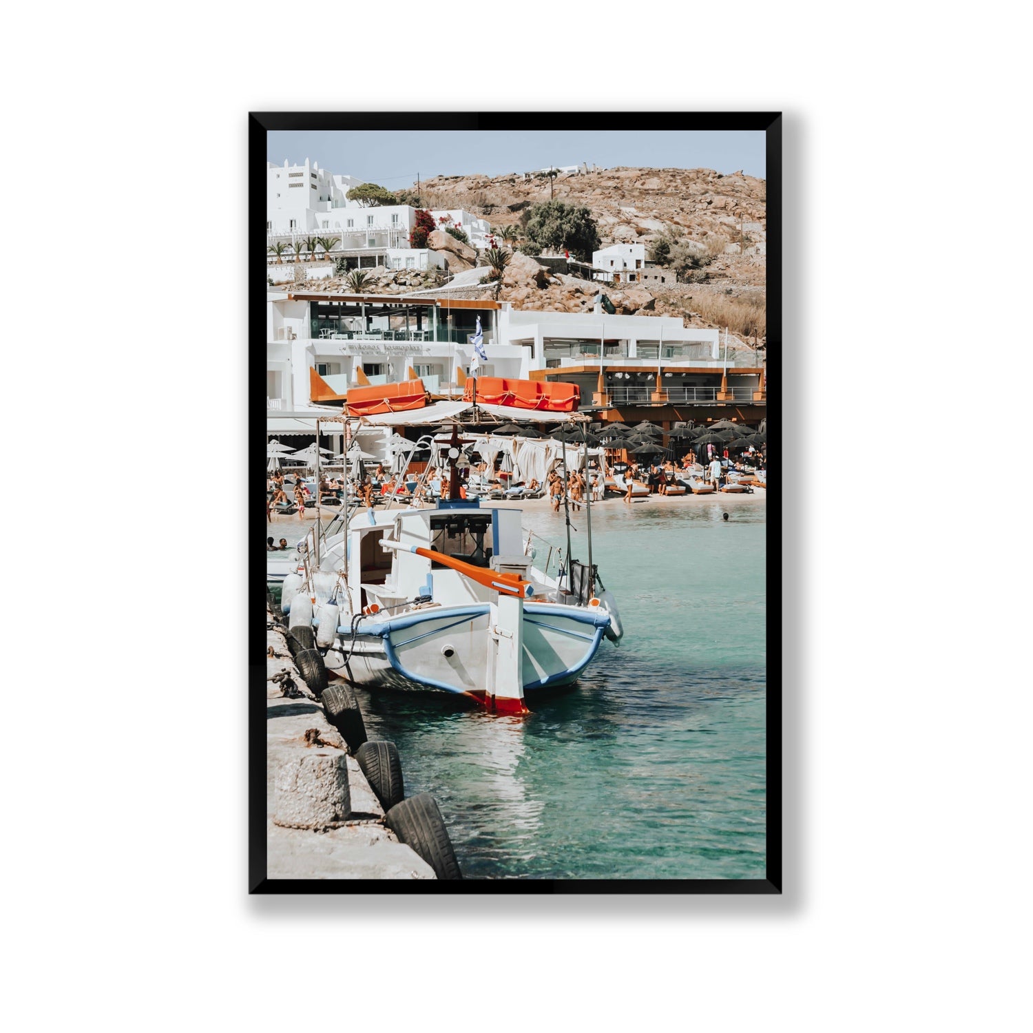 Travel In Style Mykonos Greek island wall art Gallery full-bleed fine art print in black frame