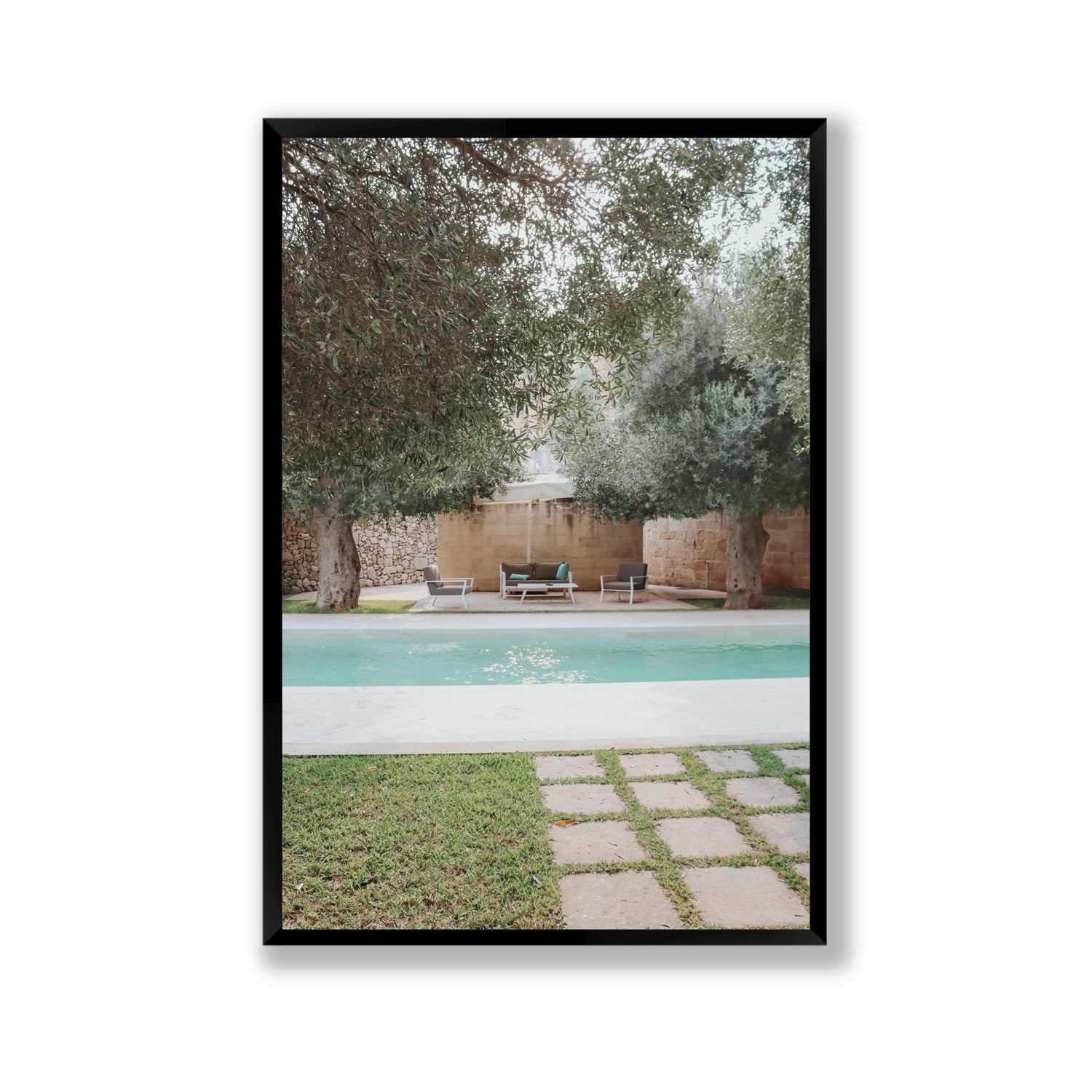 Idyllic Escape Puglia Mediterranean wall art Gallery full-bleed fine art print in black frame