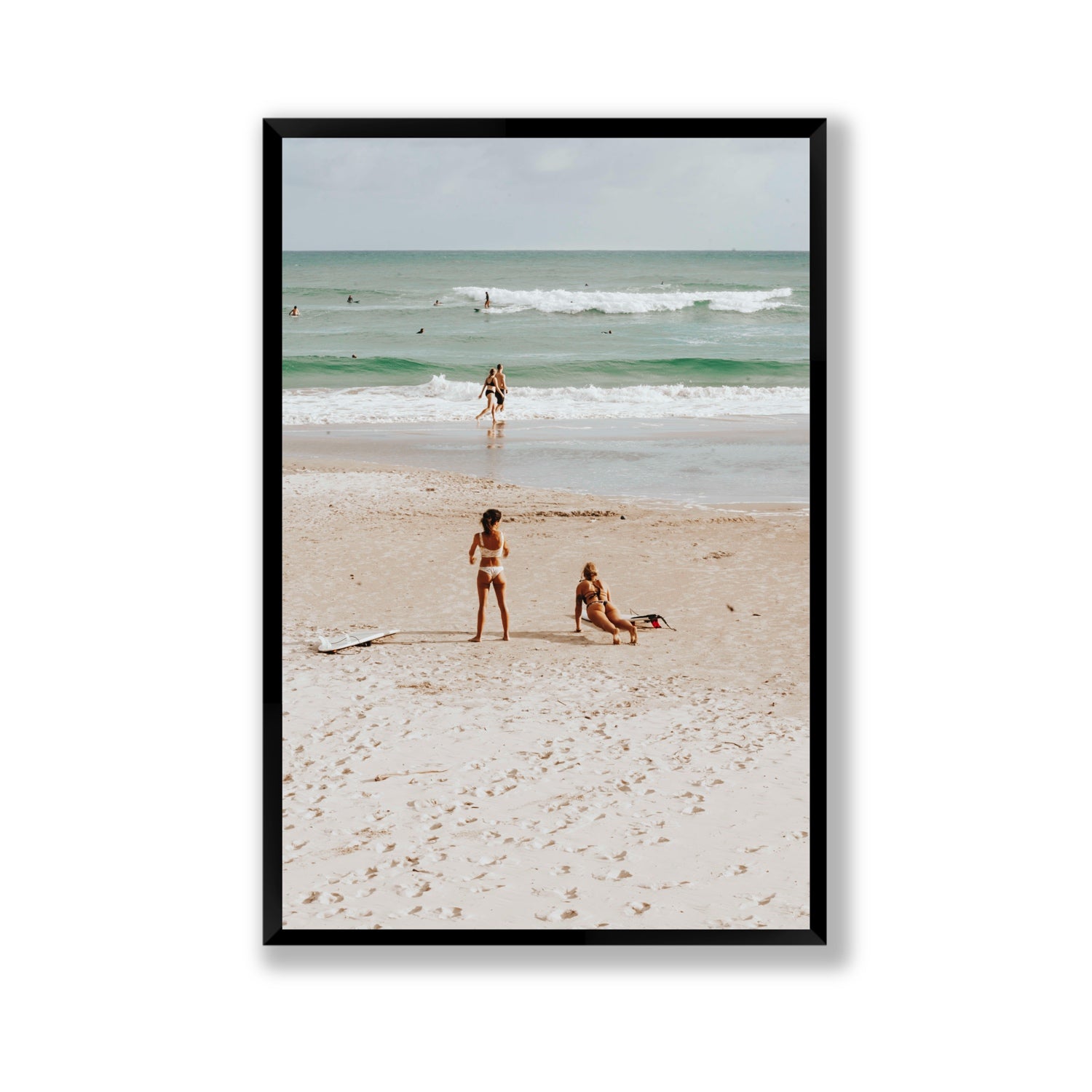 Gidget & Betty Byron Bay beach coastal wall art Gallery full-bleed fine art print in black frame