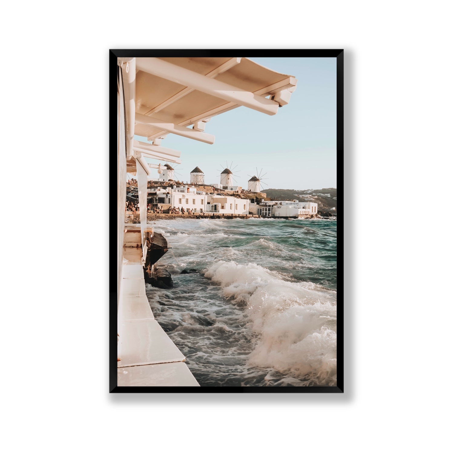 Windmills Mykonos Greek island wall art Gallery full-bleed fine art print in black frame